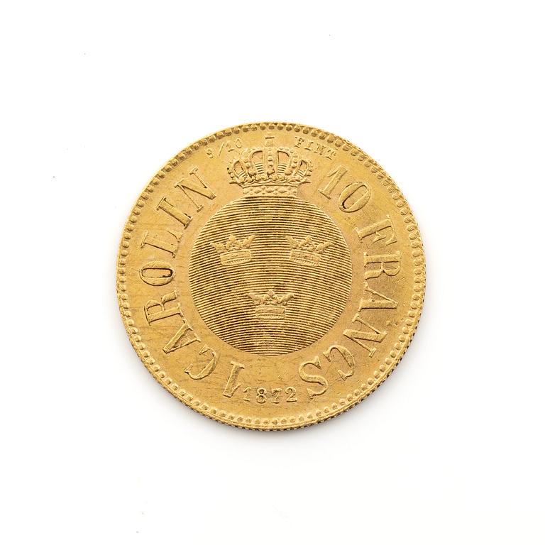 Guldmynt, 1 Carolin 10 Francs, Karl XV, Sverige, 1872.