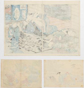 Oidentifierade konstnärer, tre träsnitt med erotiska motiv, s.k. 'shunga', 1800-/1900-tal.