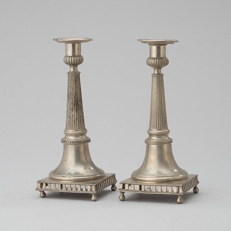 A pair of late Gustavian pewter candlesticks by P Gillman, Stockholm 1794/98.