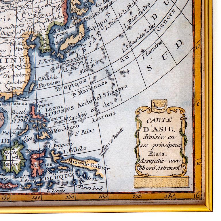 Map, Asia, hand colored copper engraving, France 18tn Century latter part.