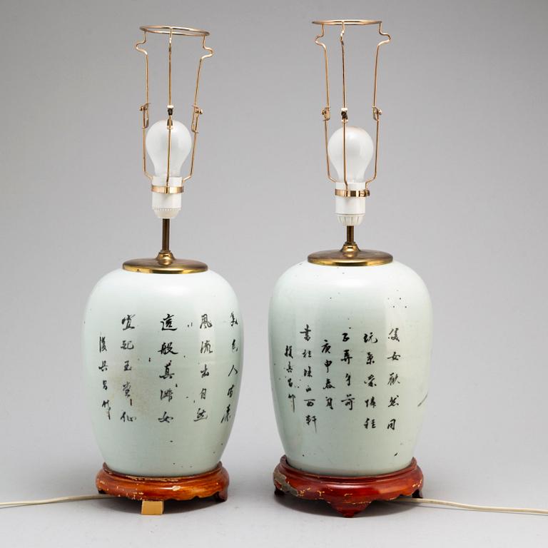 Two Chinese famille rose jars/table lamps, 20th century.