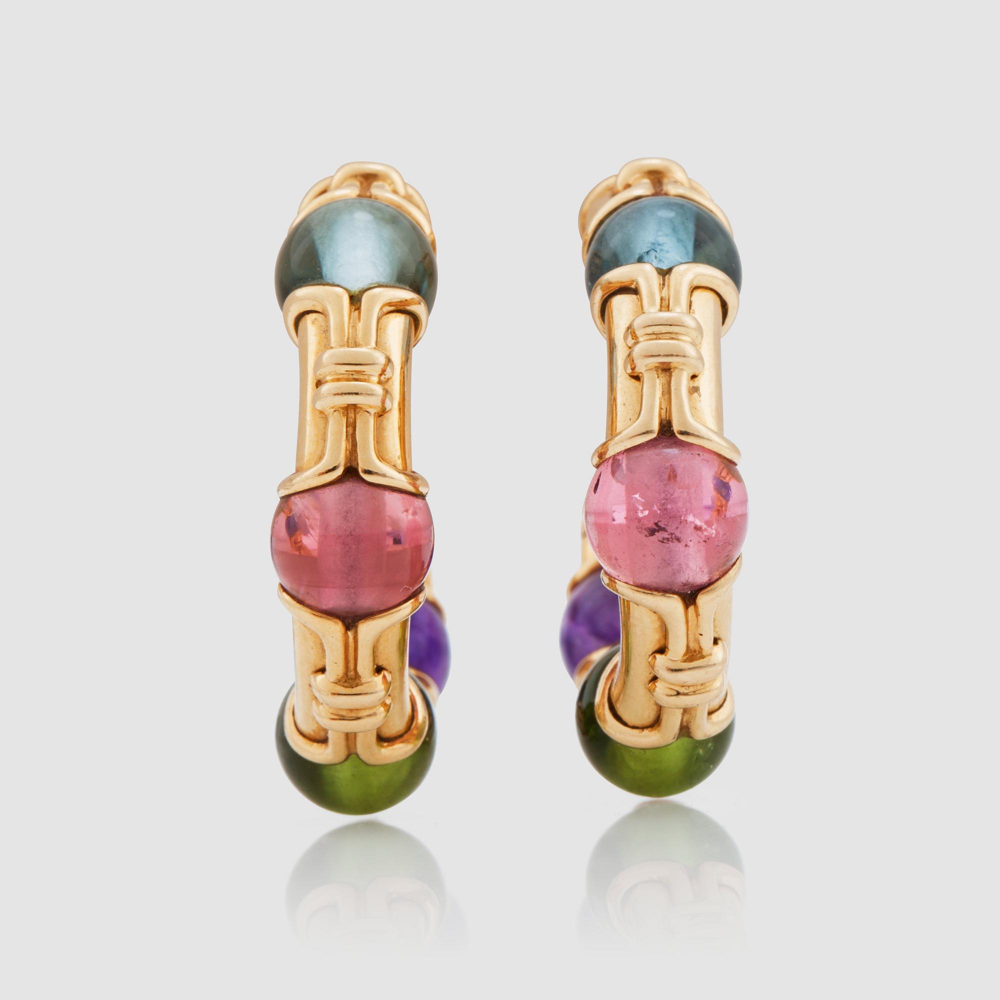 ÖRHÄNGEN, Bulgari, år 1989. Med ametist, peridot, rosa turmalin och akvamarin.