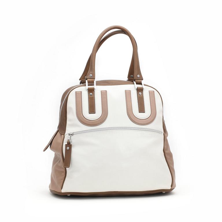 LONGCHAMP, a brwon, beige and white leather handbag, limited edition.