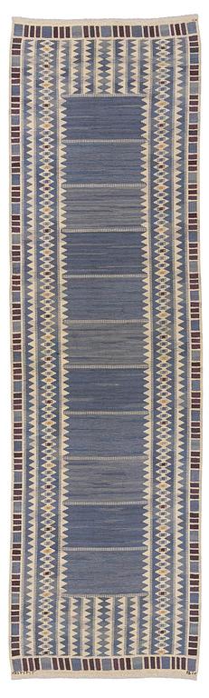 Barbro Nilsson, a runner, 'Salerno blå', flat weave, c. 419 x 122 cm, signed AB MMF.