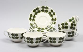 TEKOPPAR MED FAT, 6 st, benporslin. "Berså", Stig Lindberg, Gustavsberg. 2000-tal.