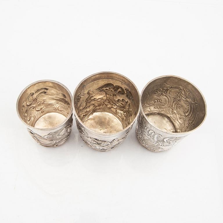An 18th century set of three Russian silver cups mark of Moscow 1780s, weight 244 grams.