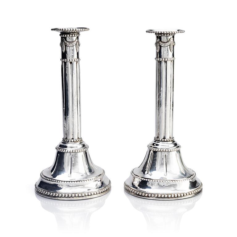 A pair of Swedish 18th century silver candlesticks, marks of Fredric Meyer, Karlshamn 1787.