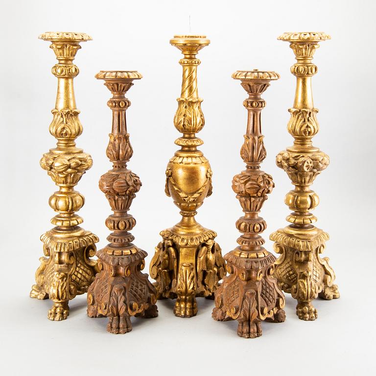 Five Louis XV-style wood table lamps. Mid 20th century from Paoletti, Firenze Italy.