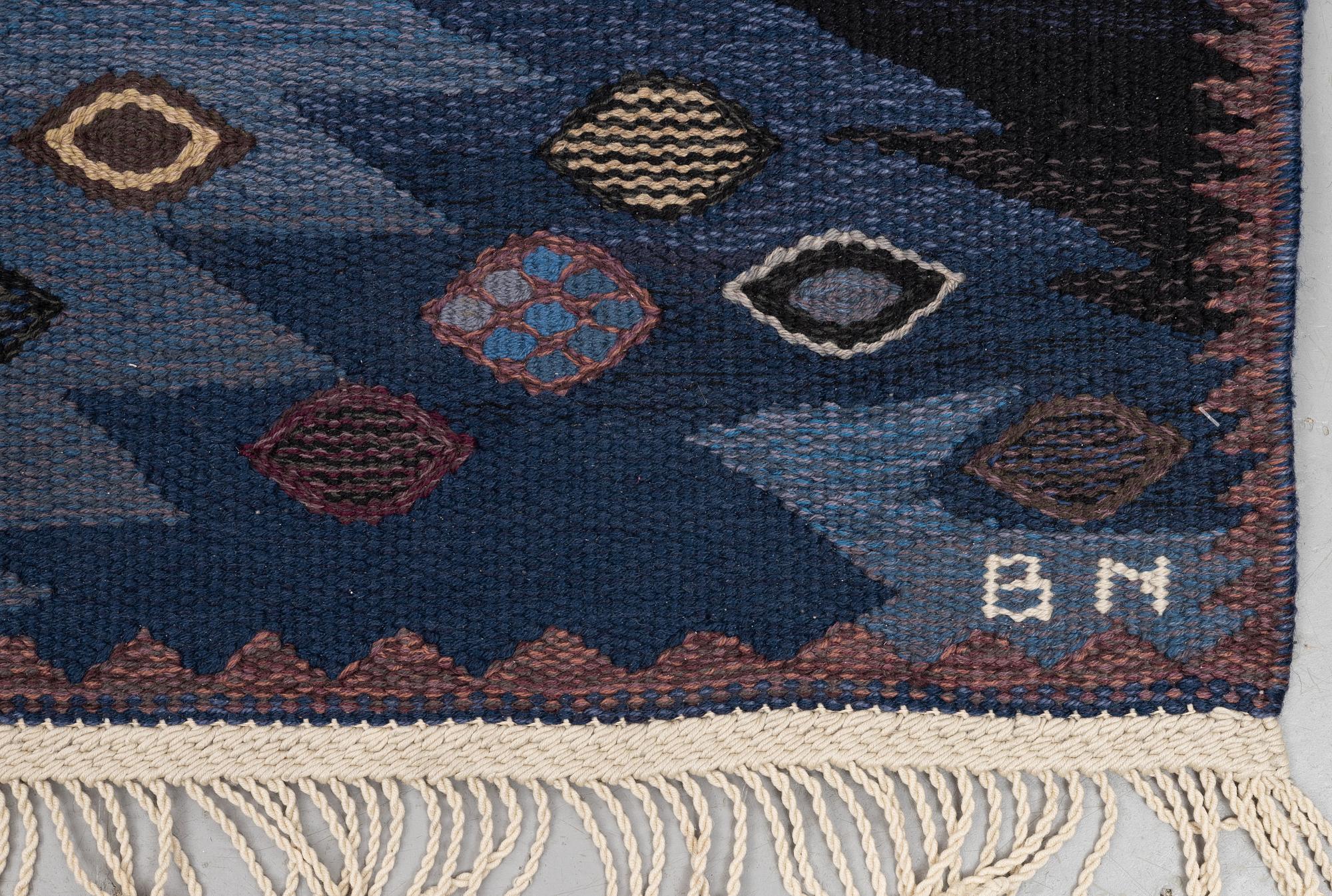 Barbro Nilsson, a carpet, "Tånga blå", flat weave, ca 243,5 x 173 cm, signed AB MMF BN.