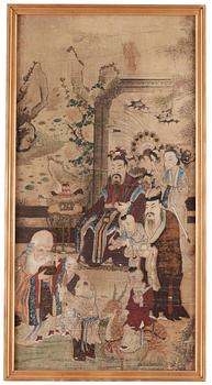 325. MÅLNING, figurscen med Shoulao, Qingdynastin, 1800-tal.