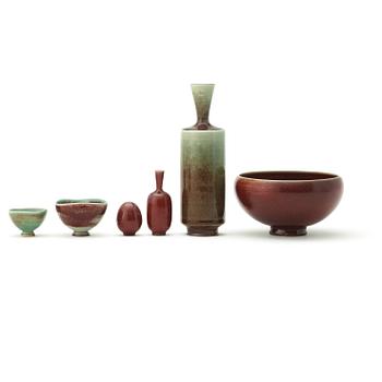 Berndt Friberg, a set of six miniature vases and bowls, Gustavsberg Studio one dated 1964.