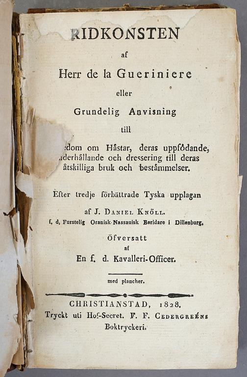 DANIEL KNÖLL, Ridkonsten af Herr de la Gueriniere.., Kristianstad 1828.