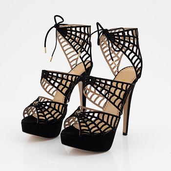 Charlotte Olympia, a pair of black suede spiderweb sandals. Size 36 1/2.