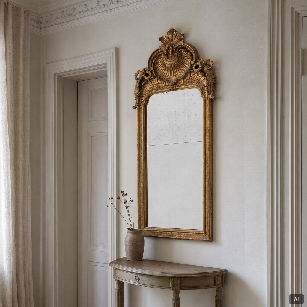 A Rococo mirror, 18th century.