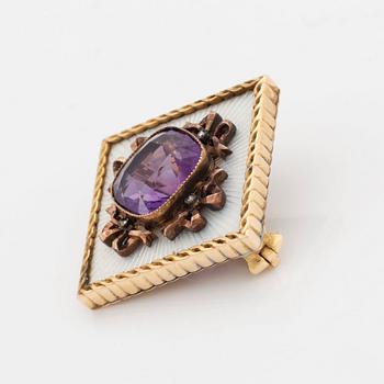 A Fabergé amethyst and enamel brooch set with rose-cut diamonds, St Petersburg 1899-1908.