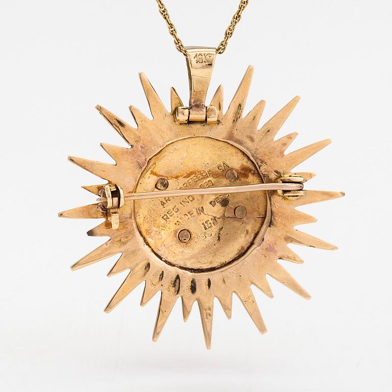 Halsband med hänge/brosch, ca 17K guld, Inka-motiv, Peru.