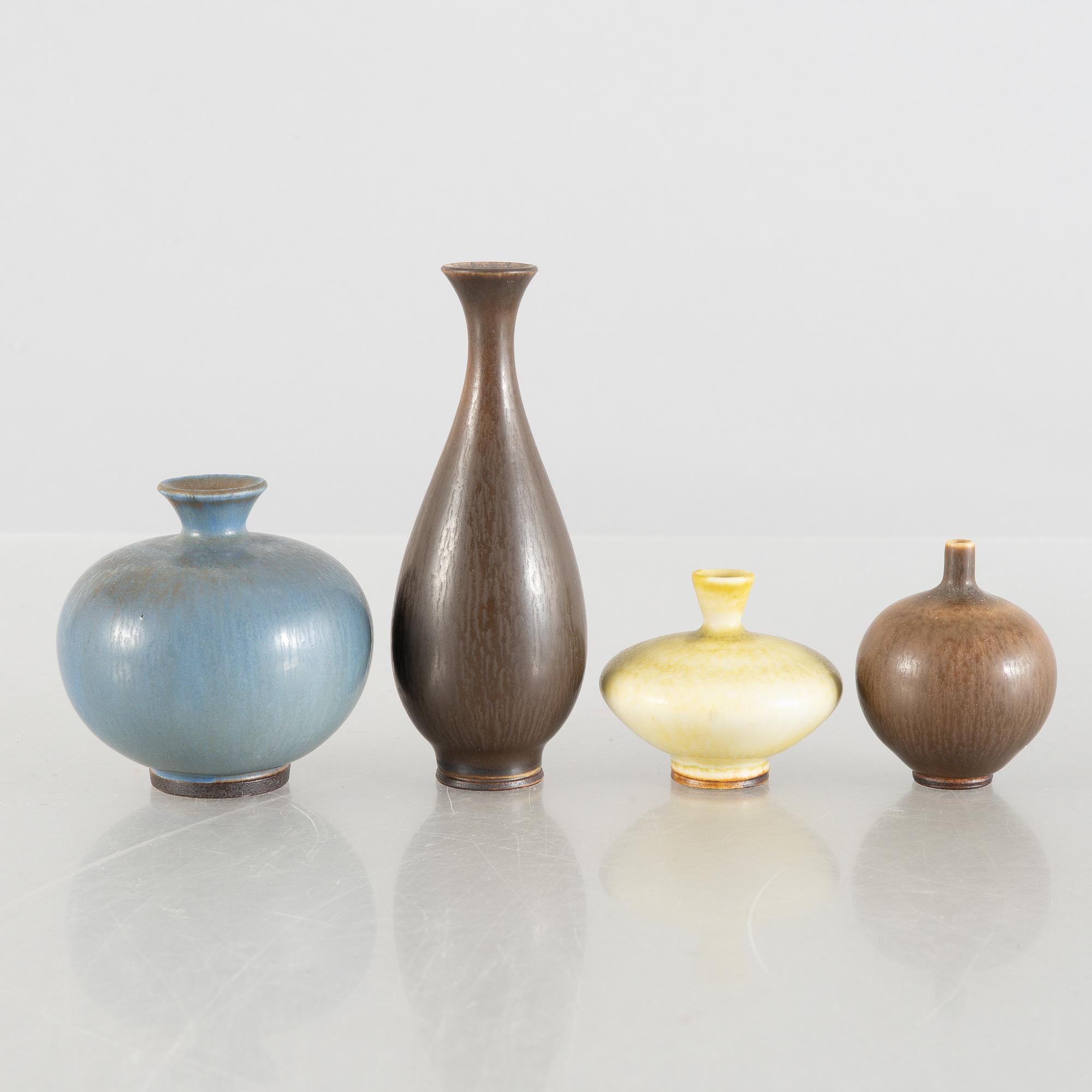 Berndt Friberg, a set of four stoneware miniature vases and three bowls, Gustavsberg Studio.