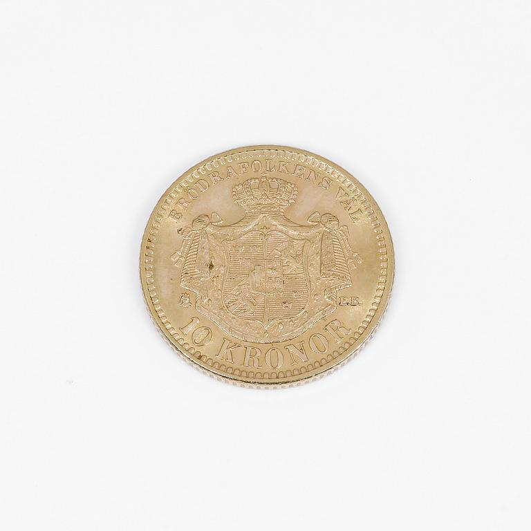 GULDMYNT, troligen ca 20 karat guld, Oscar II 10 kr. Vikt ca 4,5 gram.