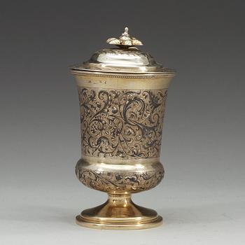 A Russian 19th century silver-gilt and niello cup and cover, unidentified makers mark, Moscow 1850.