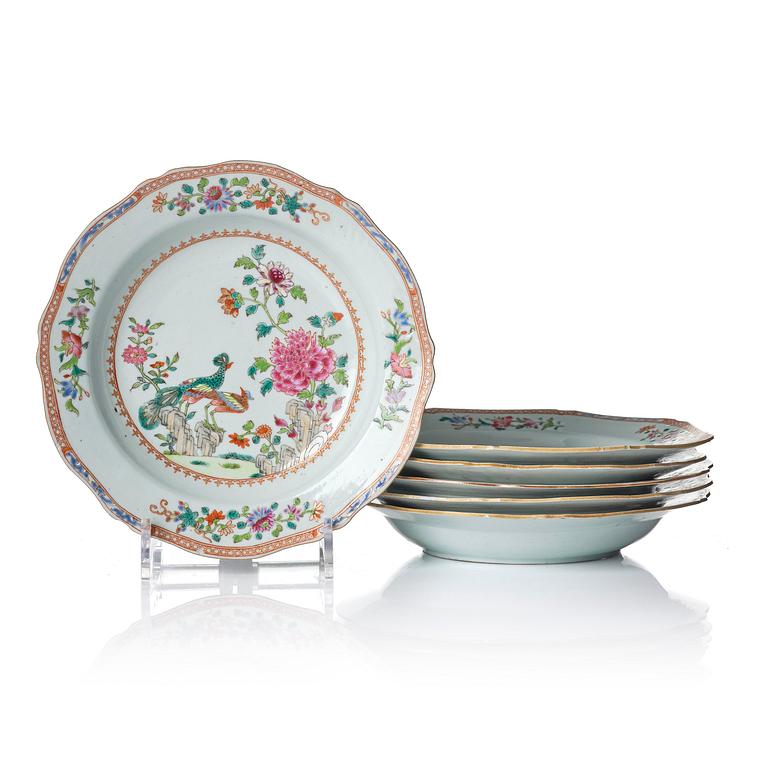 A set of six famille rose 'double peacock' soup dishes, Qing dynasty, Qianlong (1736-95).