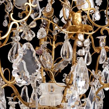 A French Louis XV-style six-branch gilt-bronze, rock crystal and amethyst chandelier, 19th century.