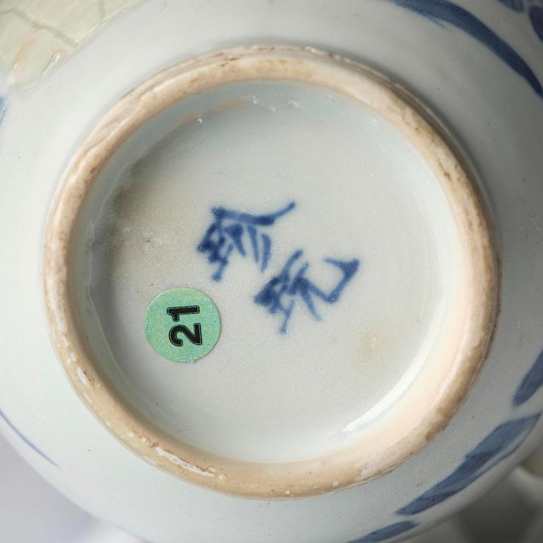 An underglaze red, celadon and an imari ewer with cover, Qing dynasty, Kangxi (1662-1722).