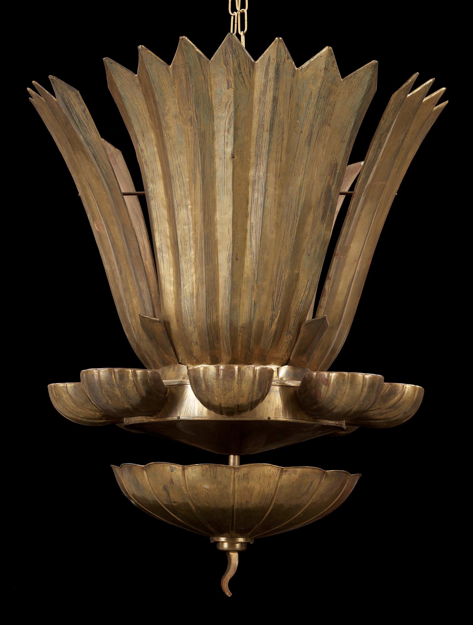 A Lars Holmström Swedish Grace brass chandelier, Arvika Sweden 1920's.