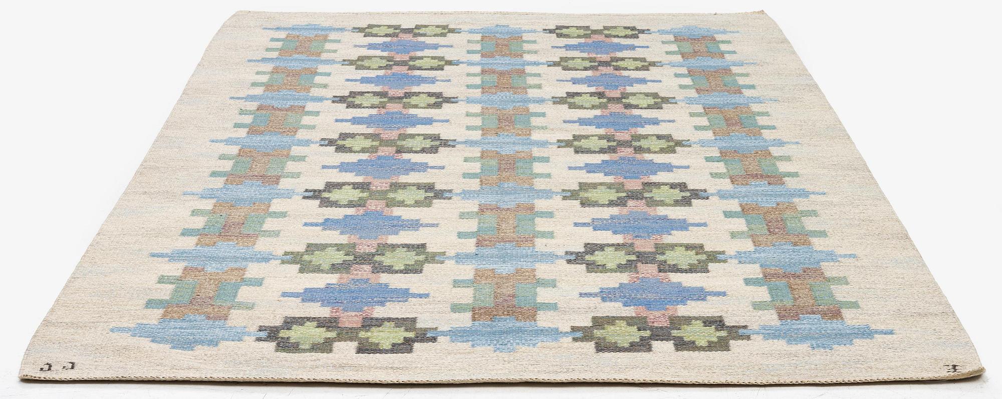Judith Johansson, a carpet 'Riddarsporrar', flat weave, c. 245 x 177 cm, signed JJ E.