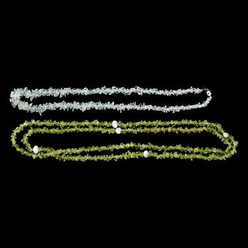 COLLIER, 2 st, grön  peridot och akvamarin.
