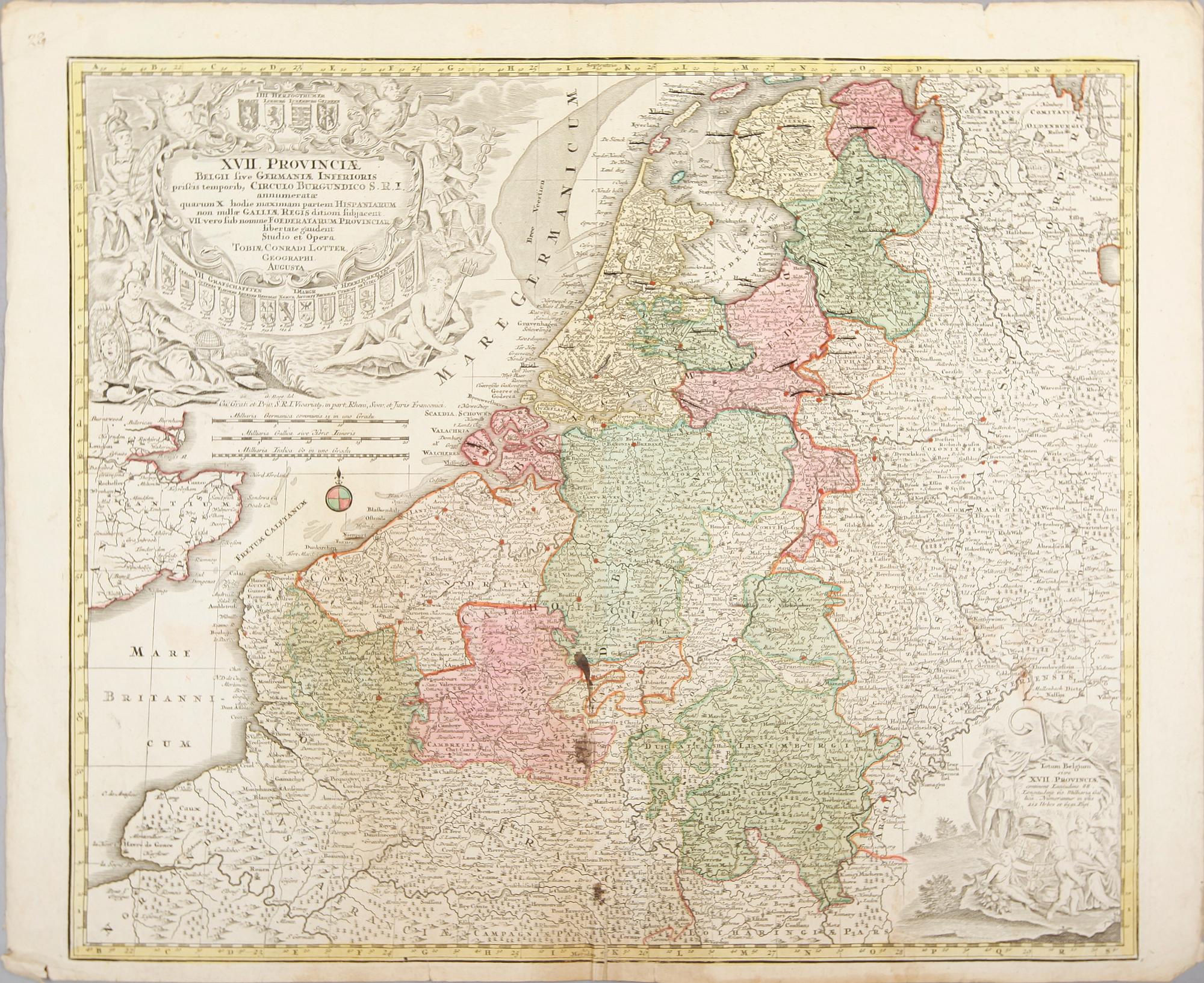 KARTOR, 3 st, kolorerade kopparstick, Belgien, 1700-tal.