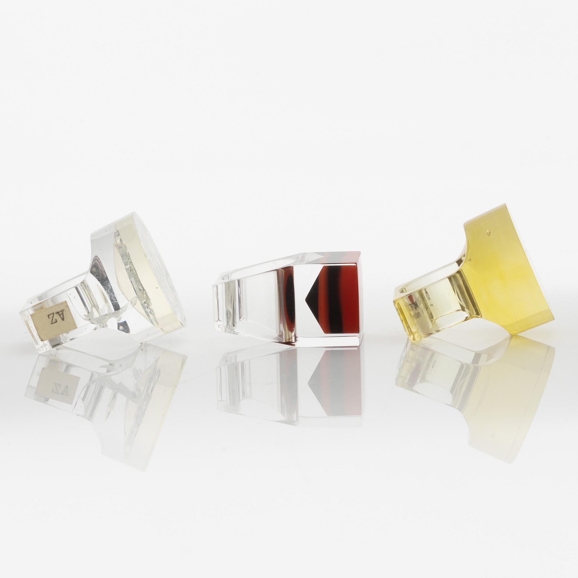 Siv Lagerström, three rings, acrylic plastic. Engraved works from the 1970s.