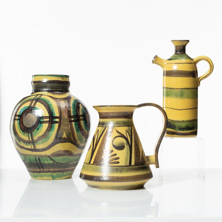 Allan Ebeling, two glazed ceramic ewers and a vase, Torshälla 1930s.