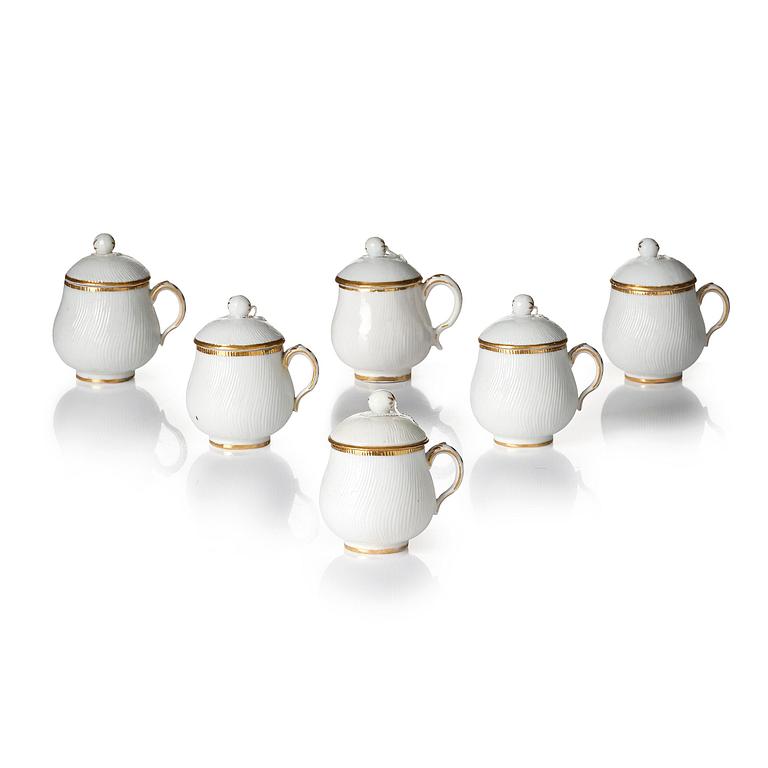 A set of six Swedish Marieberg soft paste custard cups with covers, 18th century.