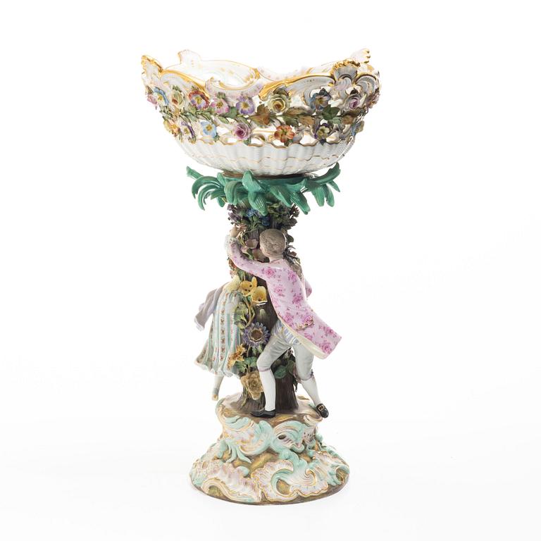 Meissen, A large polychrome reticulated porcelain basket on a pedestal with dancing figures, 19th century.