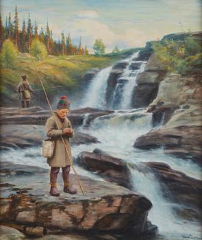918. Johan Tirén, Young Sámi by the waterfall.