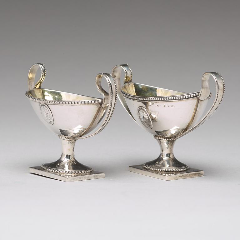 A matched pair of 18th century parcel-gilt silver salt-cellars, mark of Johan Fredrik Weise, Stockholm 1792.