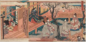 UTAGAWA KUNISADA, also known as Toyokuni III (1786-1864), triptych, color woodblock print. Japan, 'The Tale of Genji'.