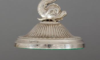 A SWEDISH SILVER WRIGHTING-STAND AND A PAIR OF CANDLESTICKS, Makers mark of Gustaf Möllenborg, Stockholm 1830 and Adolf Zethelius, Stockholm 1812. Provenance: Fredrika Bremer.