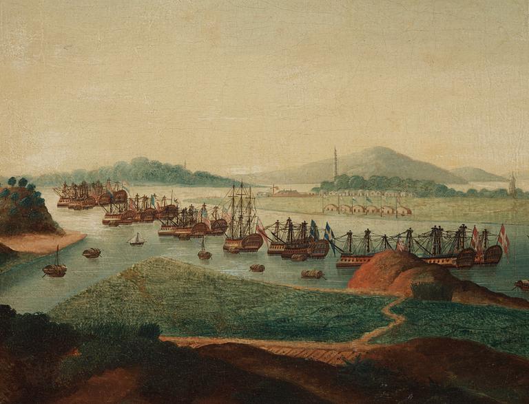 A China Trade oil painting of Whampoa Anchorage by an unknown artist, Qing dynasty, circa 1800.