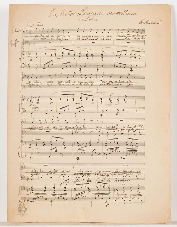 Oskar Merikanto, handwritten sheet music, Oi, kiitos sä Luojani armollinen", op. 62, no. 2 of duets, 3 pages, 1906.