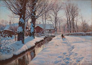 746. Peder Mork Mönsted, A winter landscape with children sledding.