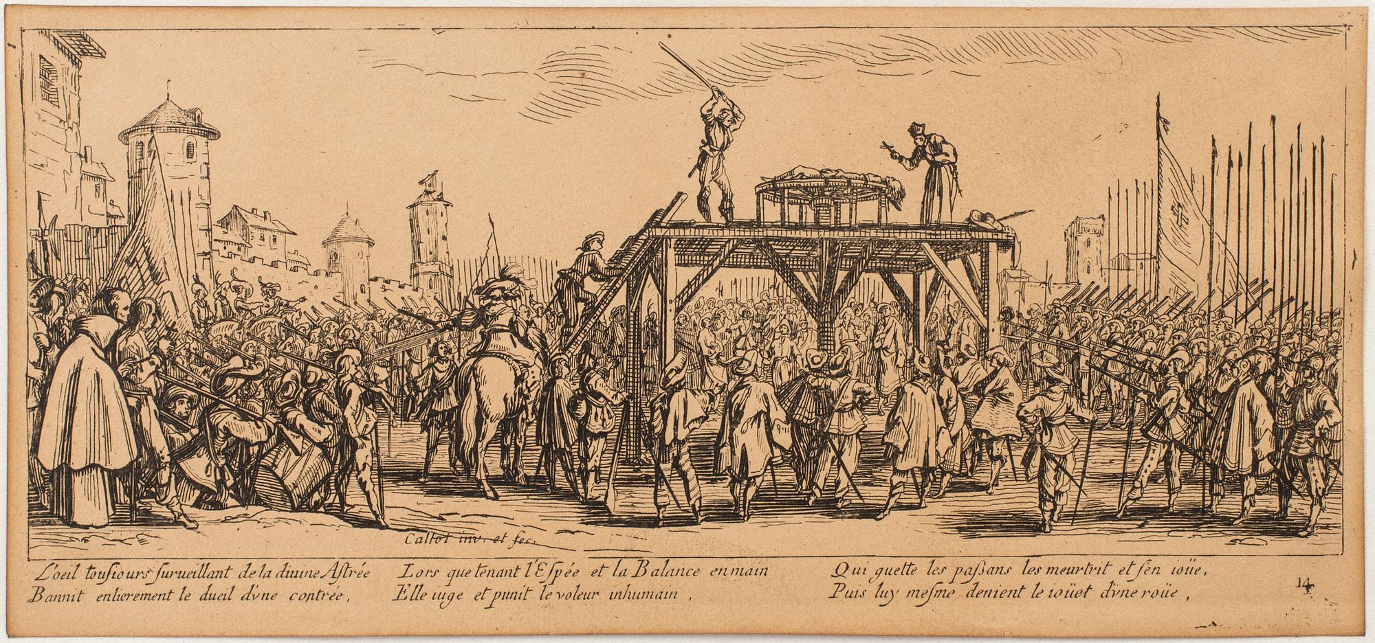 JACQUES CALLOT, Book, collection of 18 etchnings from Les miseres et les mal-hevrs de la gverre. 1633, later edition.