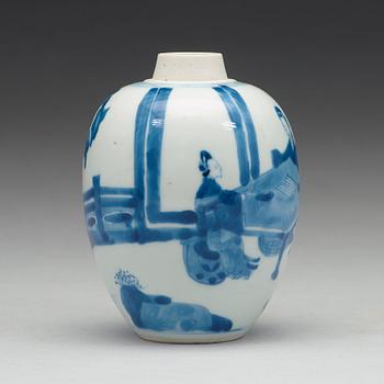 A blue and white tea caddy, Qing dynasty, Kangxi (1662-1722).