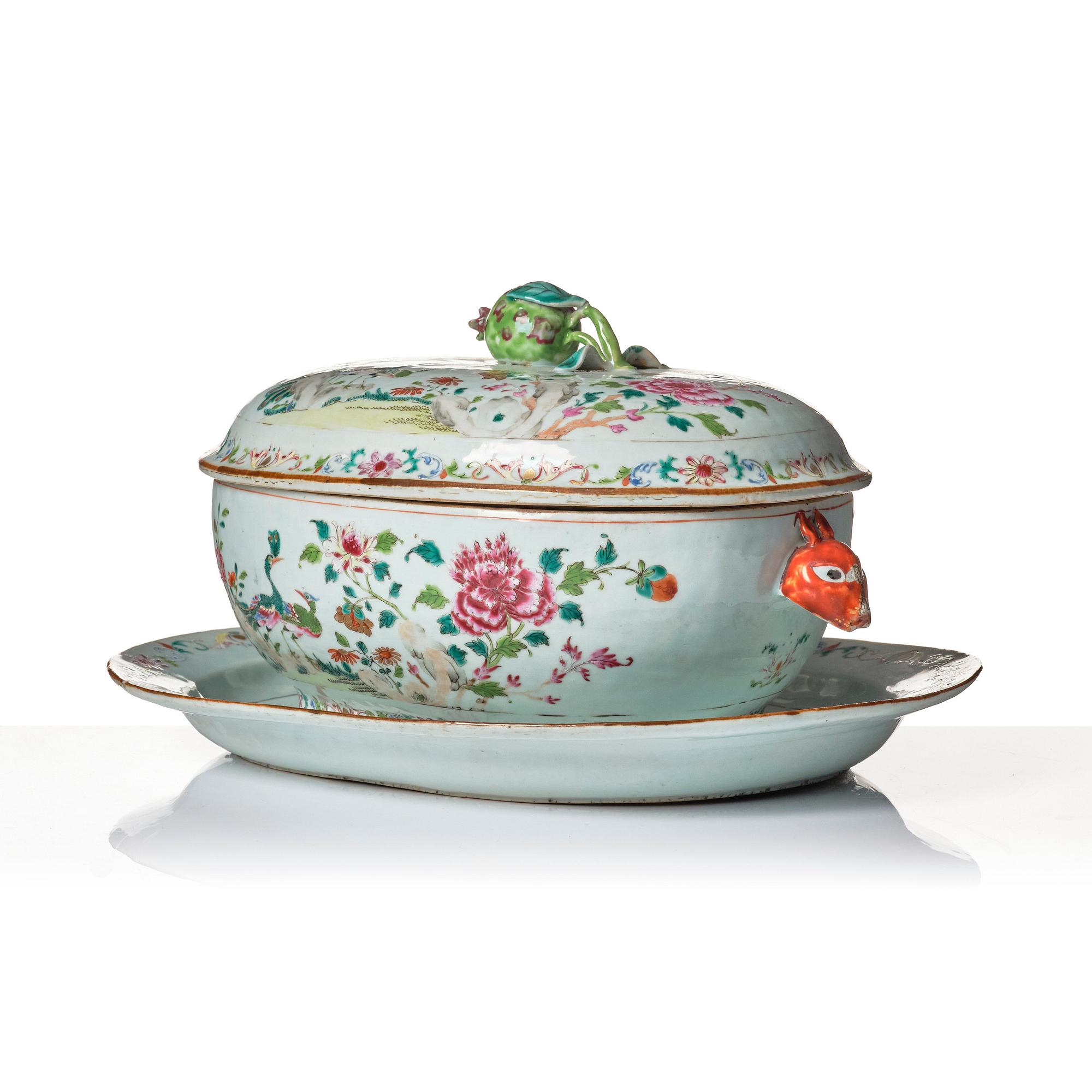 A famille rose 'double peacock' tureen with cover and stand. Qing dynasty, Qianlong (1736-95).