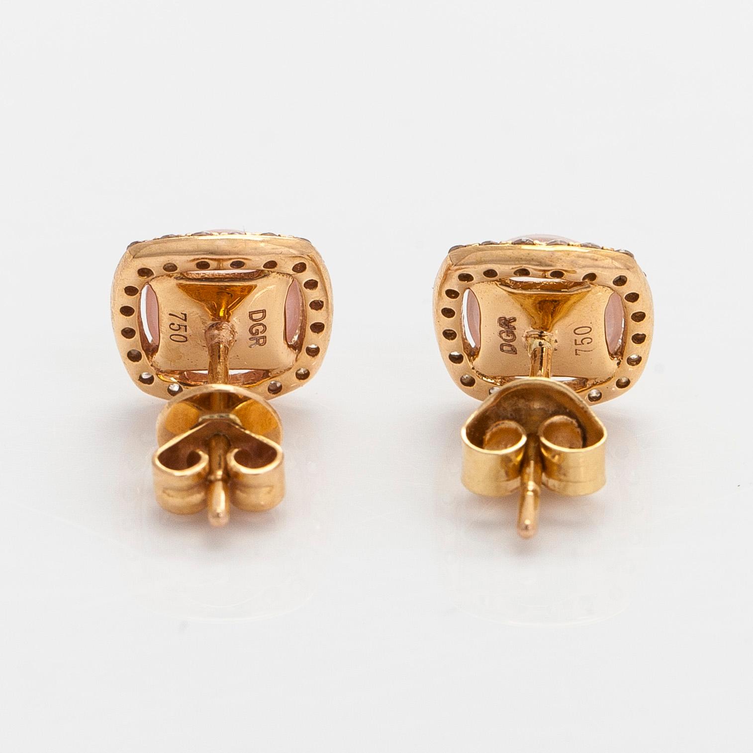 Earrings, cabochon cut rose quartz, diamonds, 18K gold, Italy.