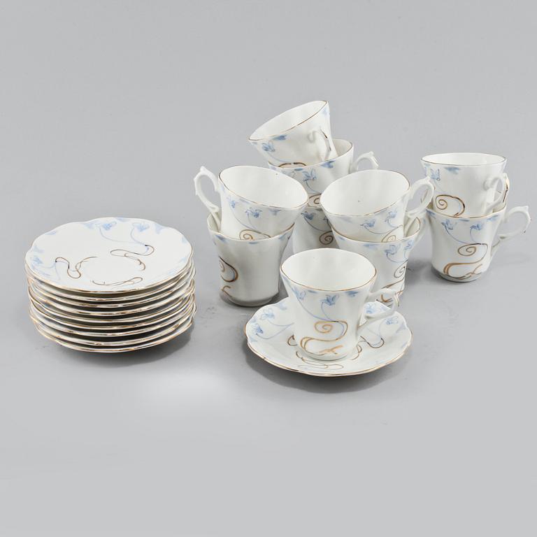 KAFFEKOPPAR med FAT, 10 st, porslin, Jugend, Rörstrand, 1900-talets första hälft.