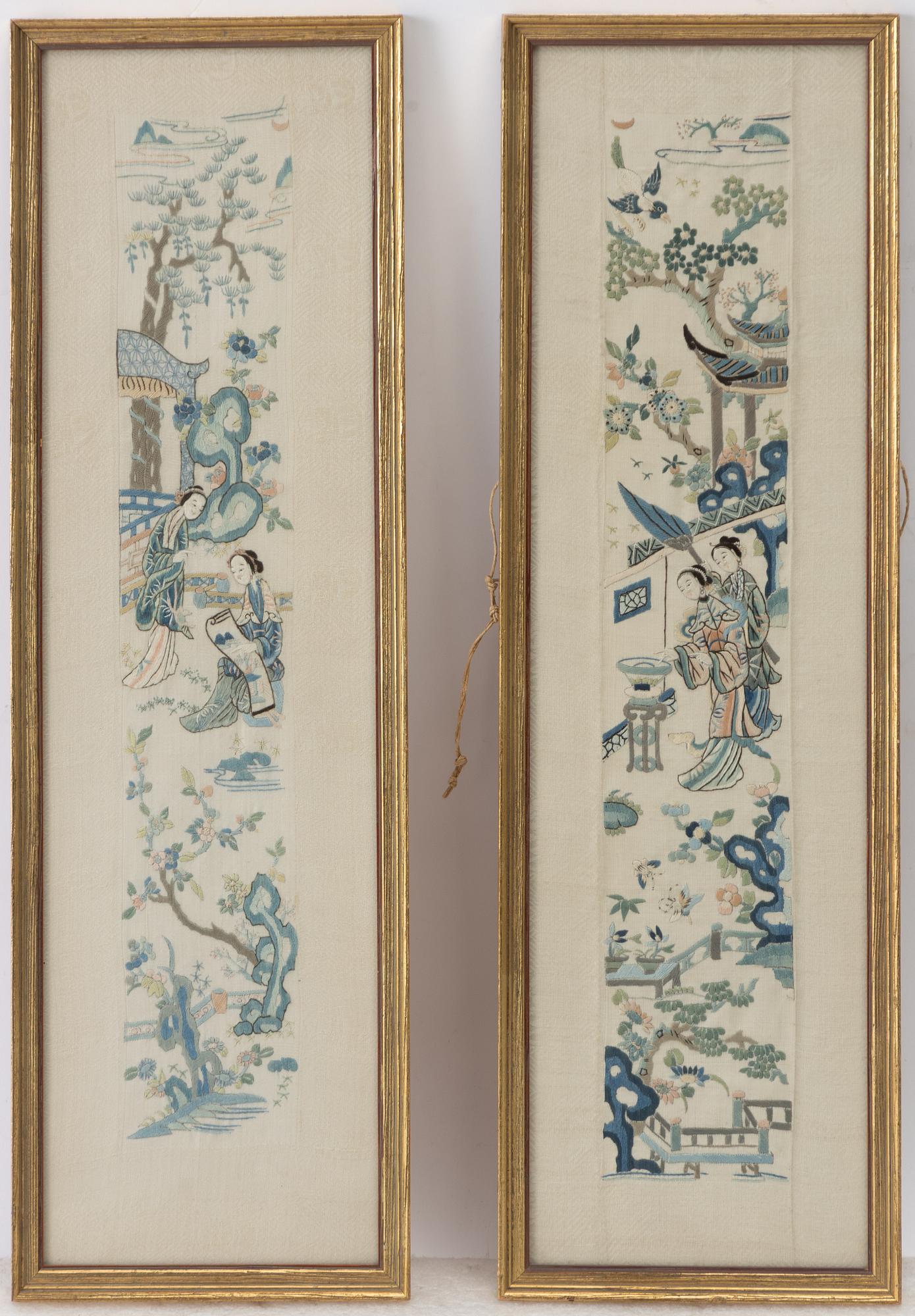 Two framed Chinese textile embroiderieds, late Qing dynasty, circa 1900.