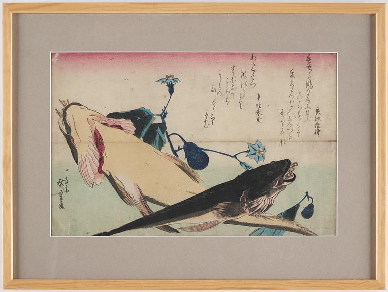 UTAGAWA HIROSHIGE (1797-1858), efter, färgträsnitt. Japan, "Fisk i Vattnet", sent 1800-tal/tidigt 1900-tal.