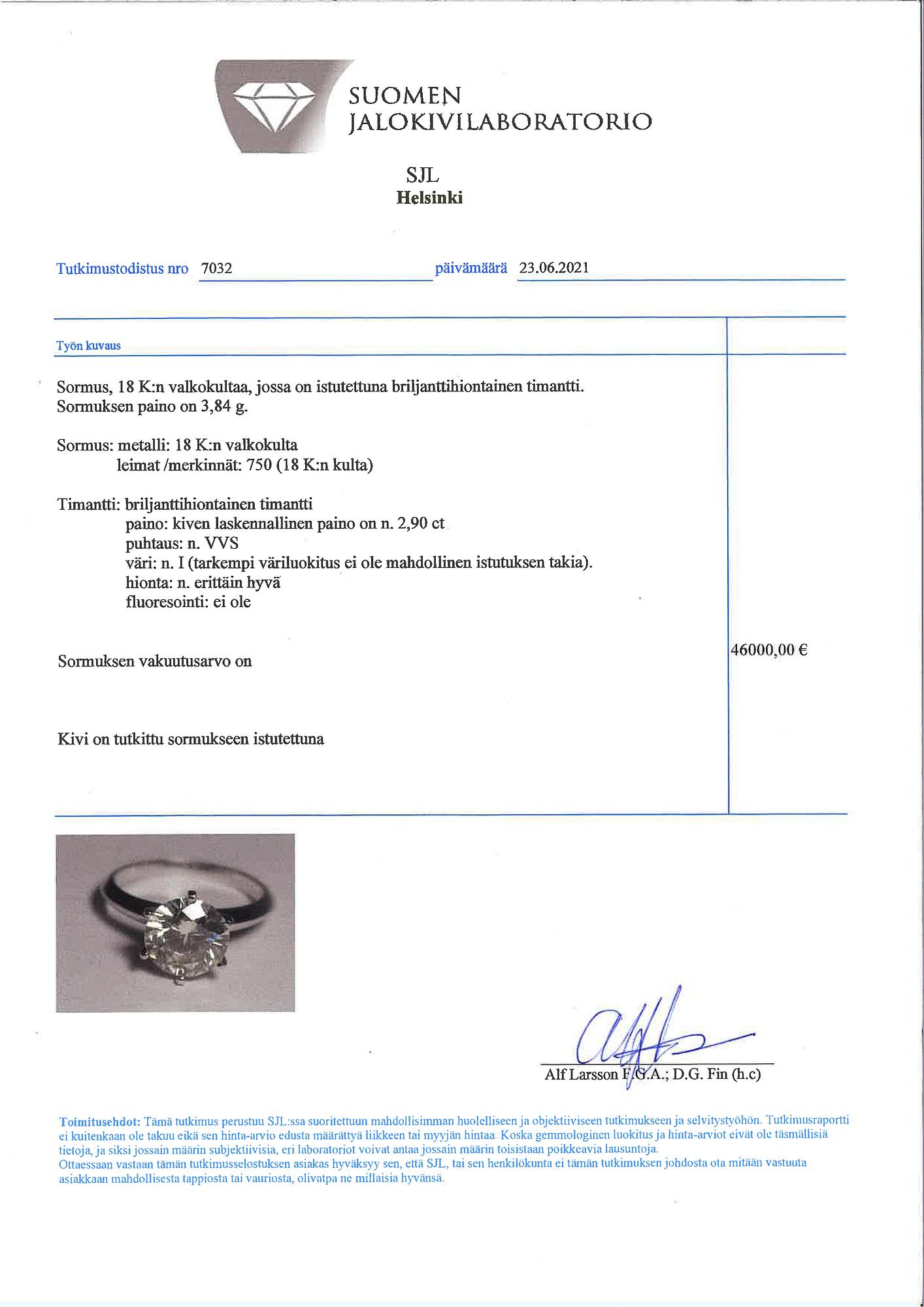 An 18K white gold ring with a brilliant-cut diamonds ca. 2.90 ct according to certificate.