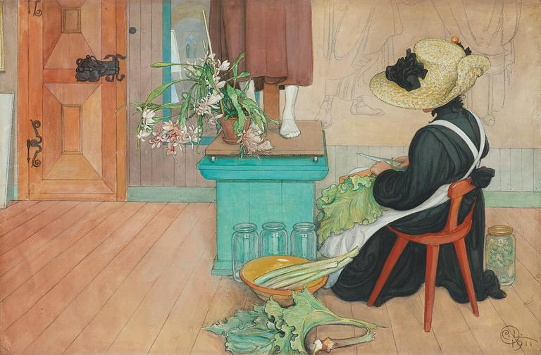 Carl Larsson, "Rabarber/Rabarberskalning".